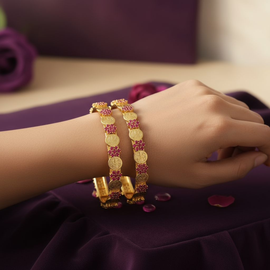 Gold Plated Coin Bangle with Ruby stones set of 2