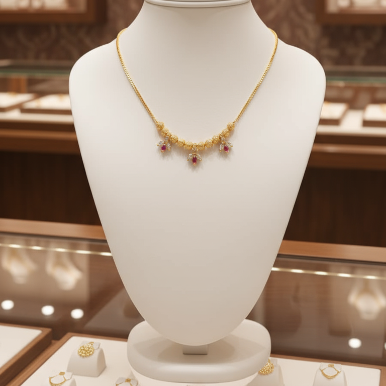 Gold Plated white and Ruby Stone Pendant Necklace