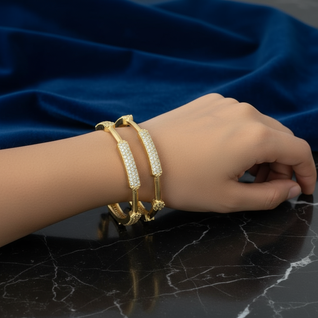 Gold Plated Bangle with white stones set of 2