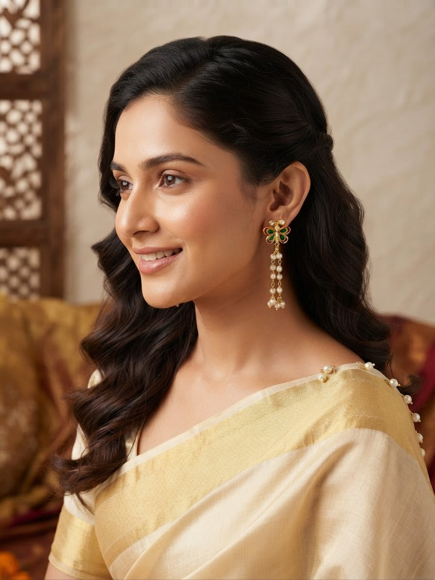 Gold-Plated Butterfly Palakka & Pearl Drop Earrings