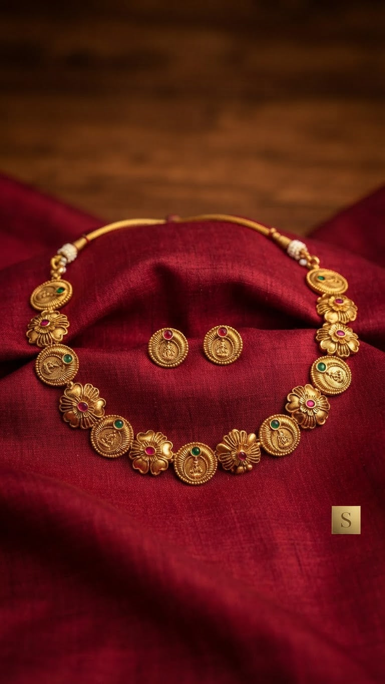 Matte Antique Gold Floral & Lakshmi Kasu Motif Necklace Set