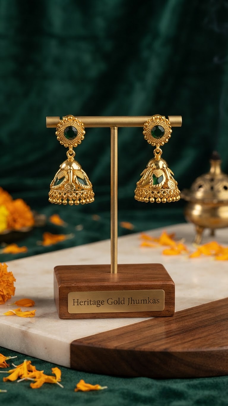 Traditional Heritage Gold & Emerald Green Stone Jhumkas