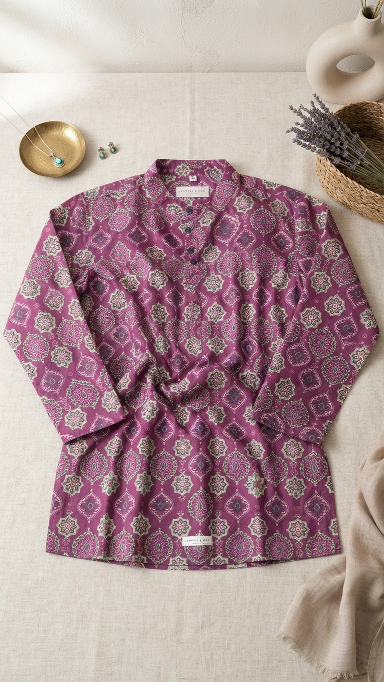 Ajrak printed short kurtha with matching dhothi