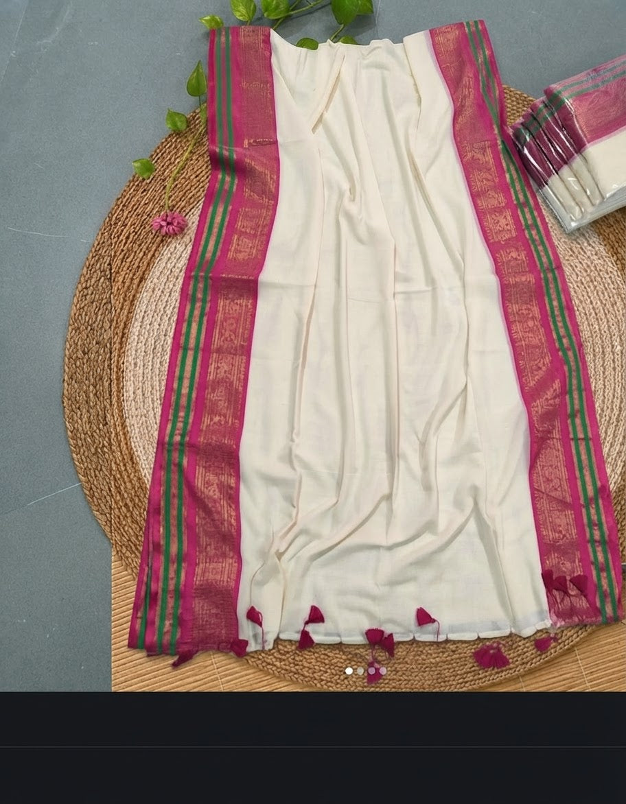 Premium Ivory Mulmul Cotton Saree with Royal Magenta Peacock Zari Border