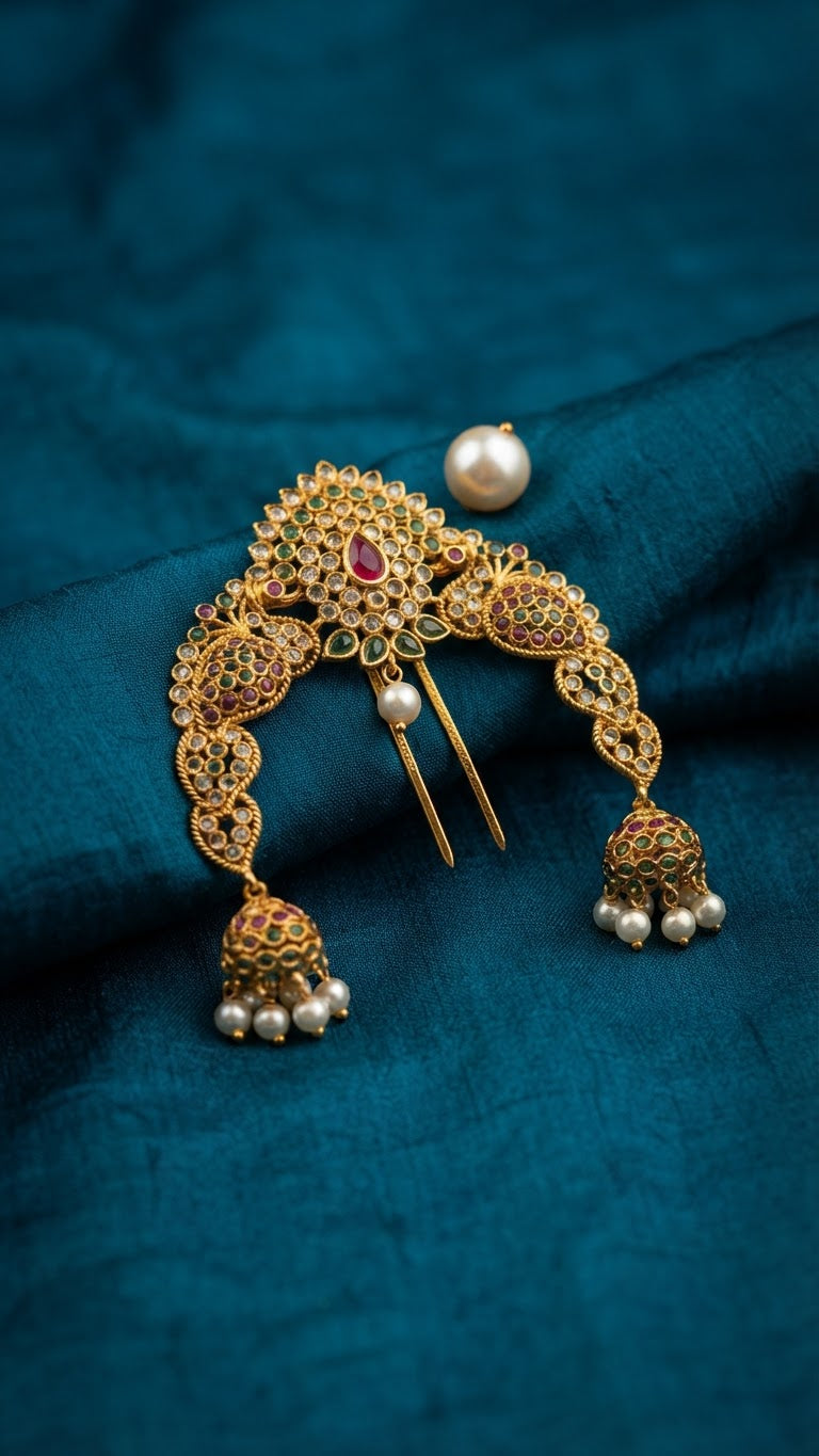 Gold Peacock Motif Ruby & Emerald Arch Hair Pin with Jhumkas
