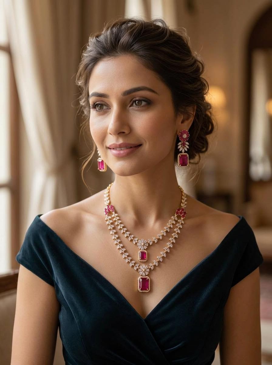 Contemporary Double Layer CZ & Ruby Red Statement Necklace Set