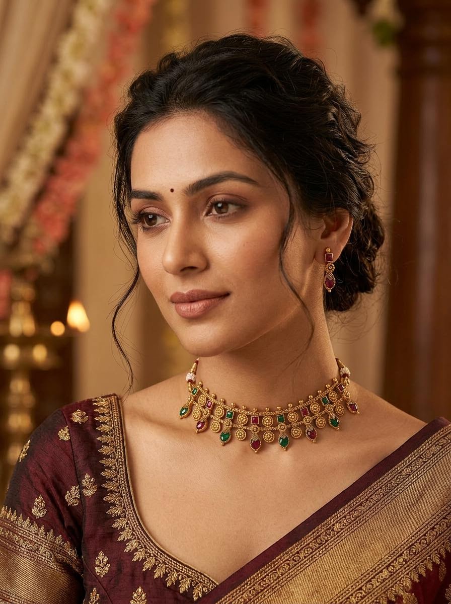 Traditional Antique Gold Floral Motif Choker Set (Available in Ruby, Emerald & Multicolor)