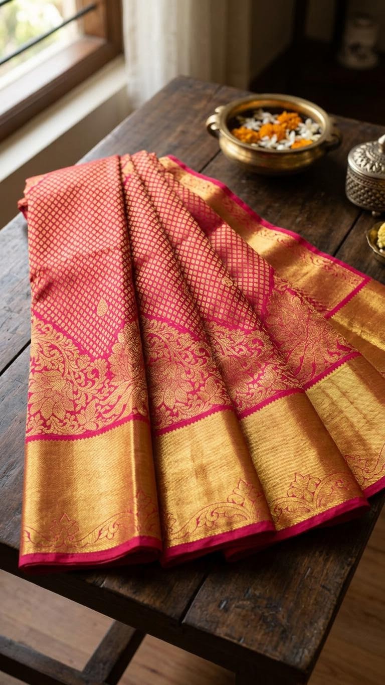 Crimson Red Heavy Brocade Silk Mark Certified Kanchipuram Saree (blouse lining included)
