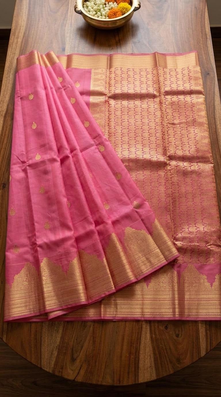 Vibrant Pink Silk Mark Certified Kanchipuram Saree (blouse lining included)