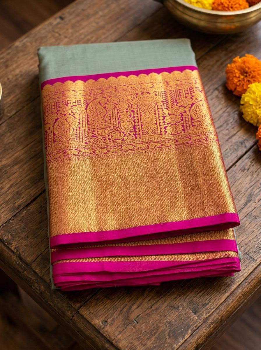 Sage Green and Magenta Silk Mark Certified Kanchipuram Saree (blouse lining included)