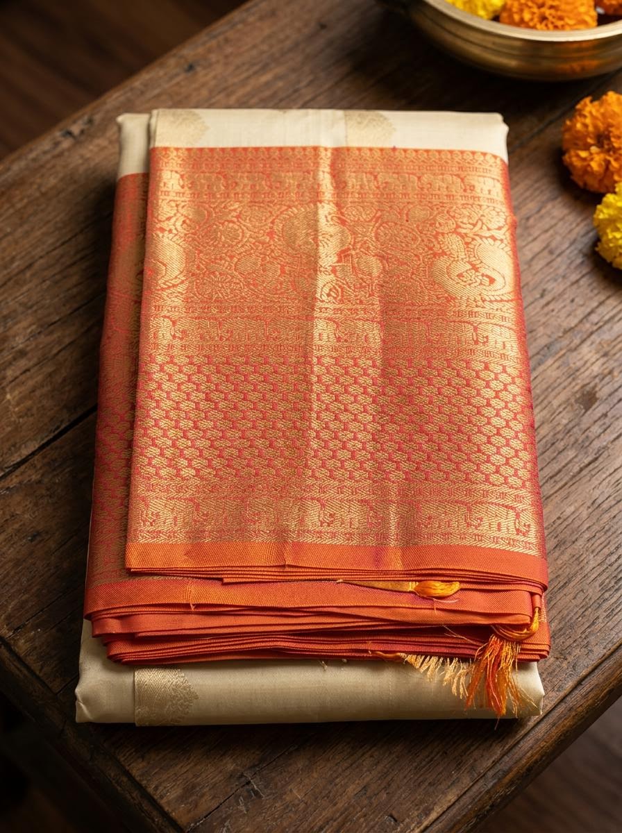 Beige and Vibrant Orange Silk Mark Certified Kanchipuram Saree (blouse lining included)