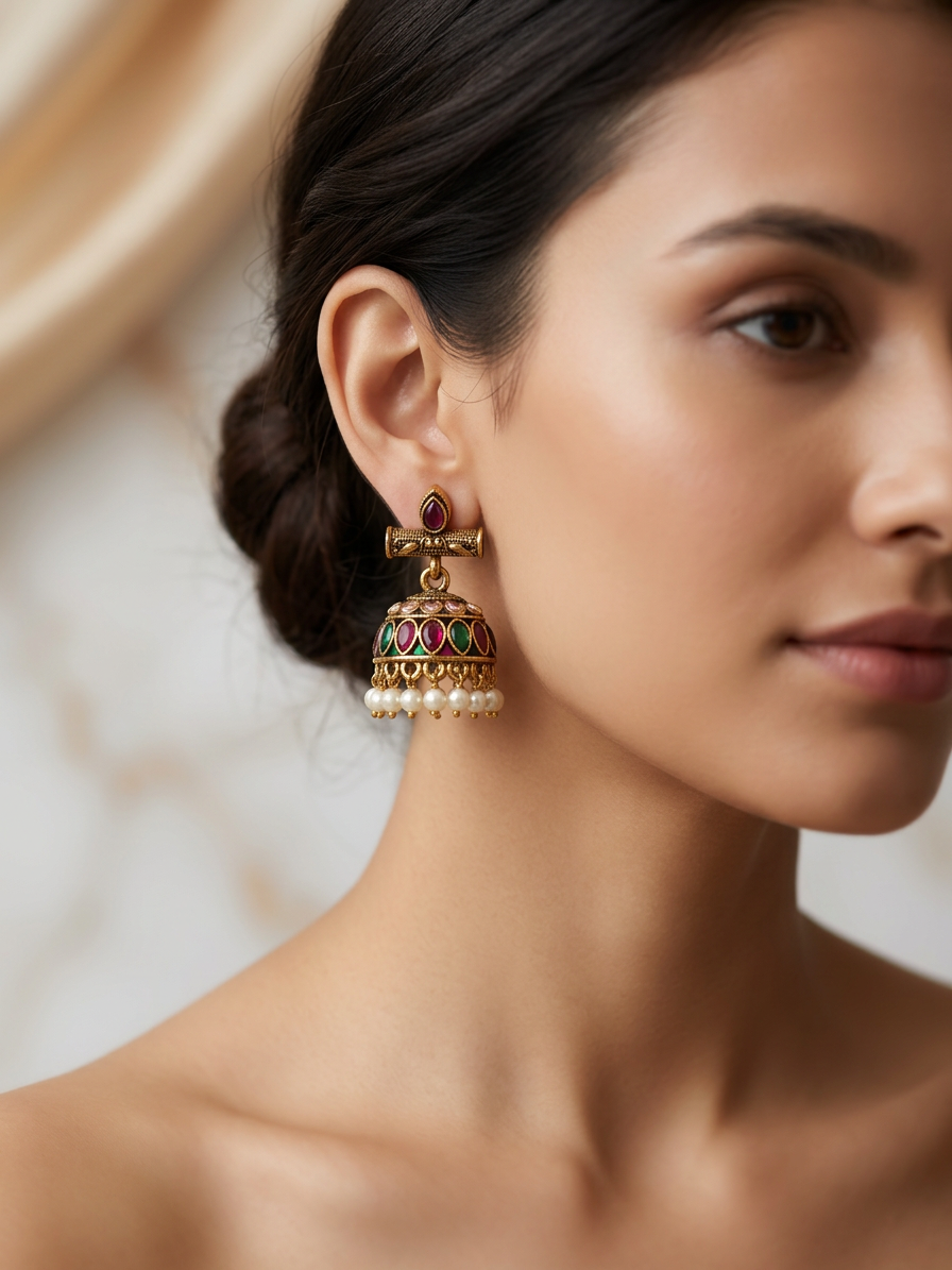 Aarohi Antique Gold Kemp Stone Jhumkas with Pearl Drops