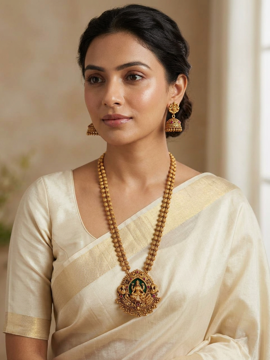 Antique Gold Dual-Strand Lakshmi Pendant Haram & Jhumka Set