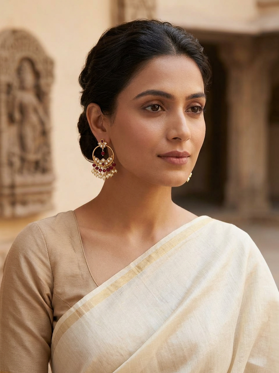 Gold Ruby & CZ Circular Hoop Chandbali Drop Earrings