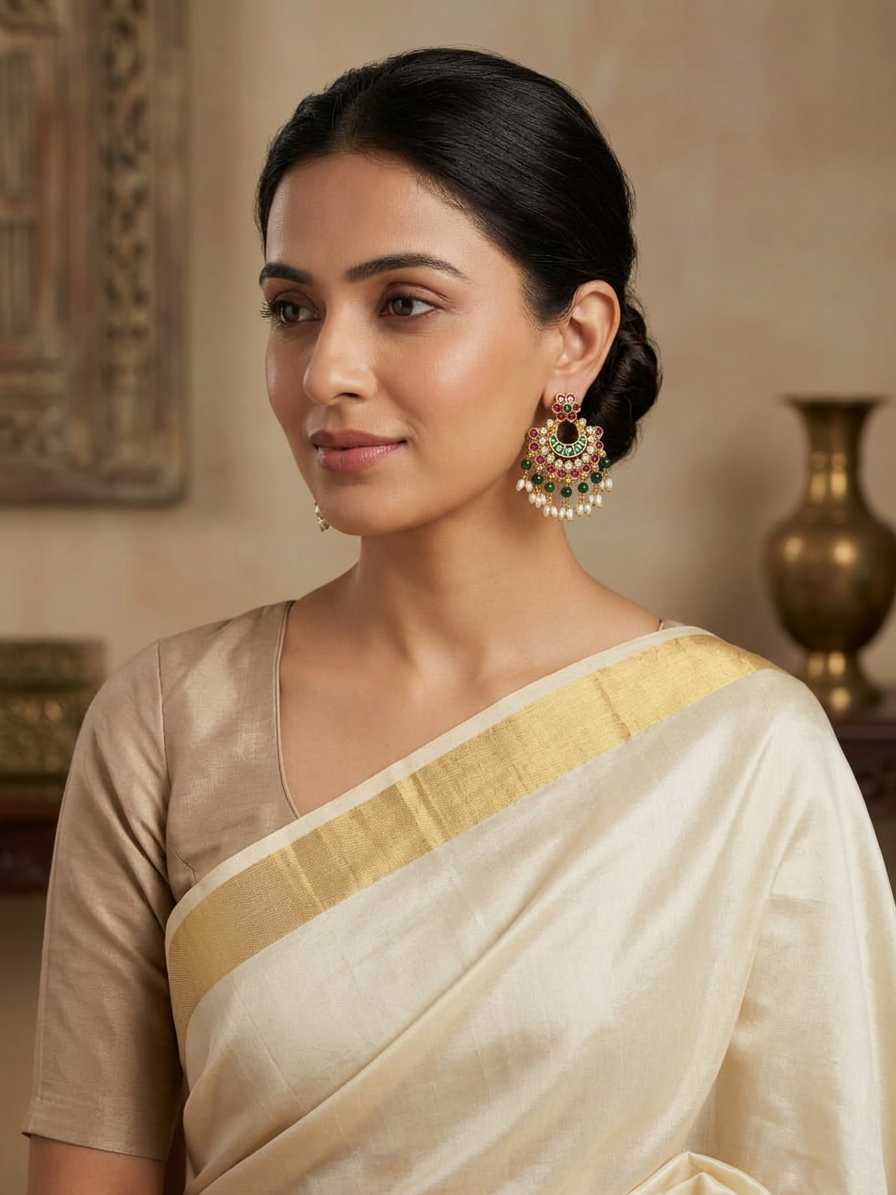 Jadayu Kundan Gold Ruby & Emerald Crescent Chandbali Drop Earrings