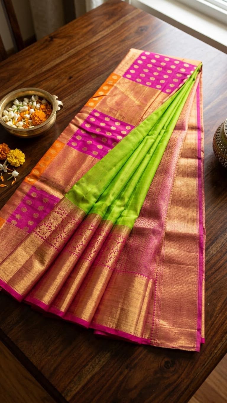 Parrot Green and Multicolor Block Silk Mark Certified Kanchipuram Saree (blouse lining included)