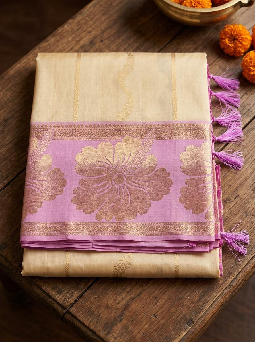 Cream and Lavender Floral Silk Mark Certified Kanchipuram Saree (blouse lining included)