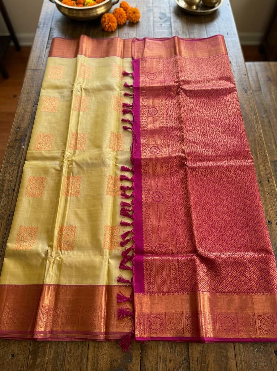 Golden Beige and Magenta Silk Mark Certified Kanchipuram Saree (blouse lining included)