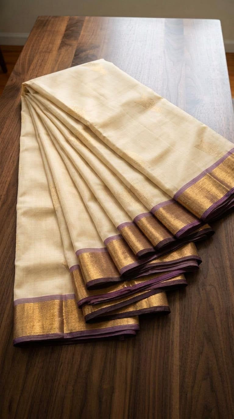 Cream and Purple Silk Mark Certified Kanchipuram Saree (blouse lining included)