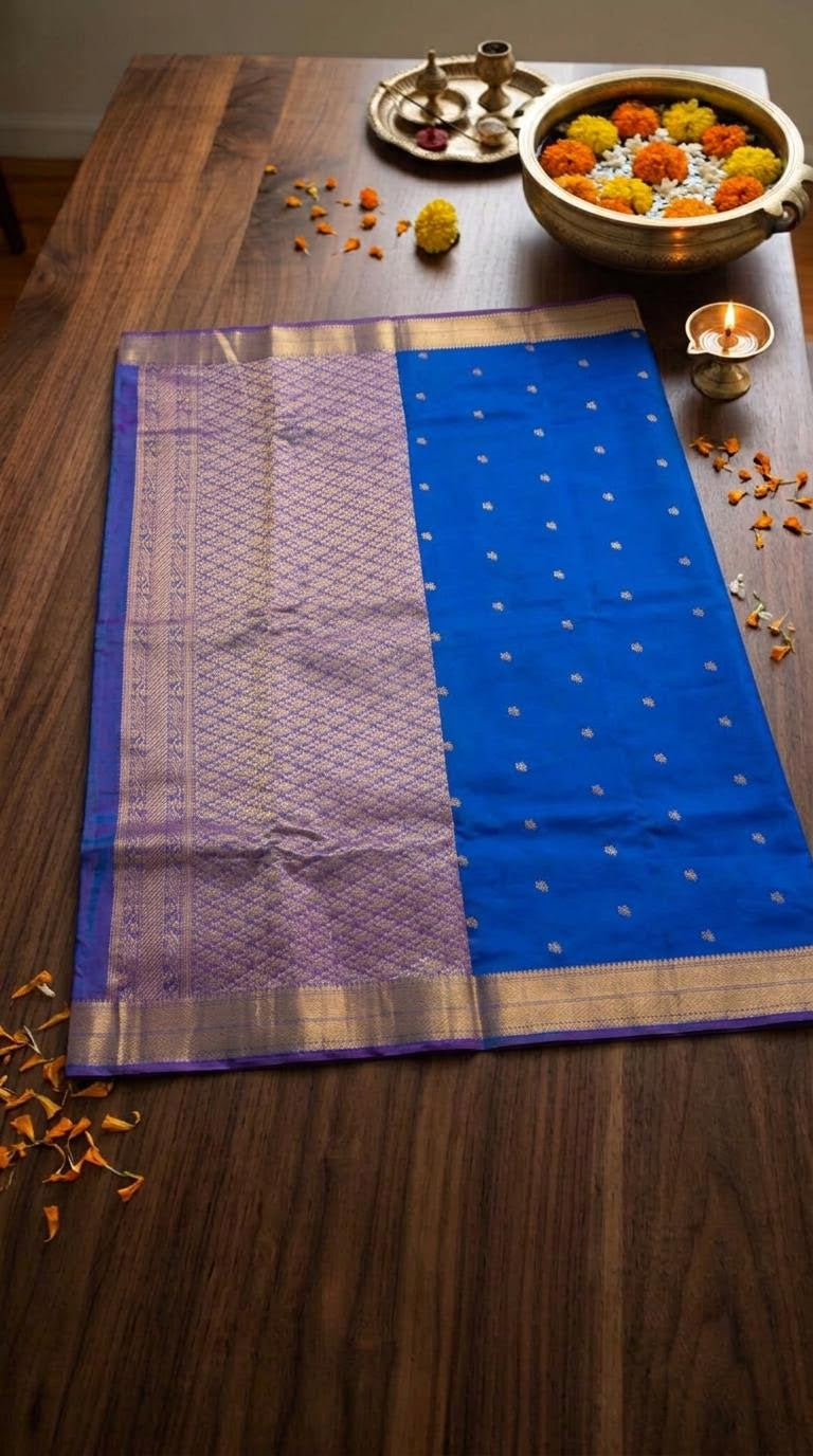 Royal Blue Heritage Silk Mark Certified Kanchipuram Saree (blouse lining included)
