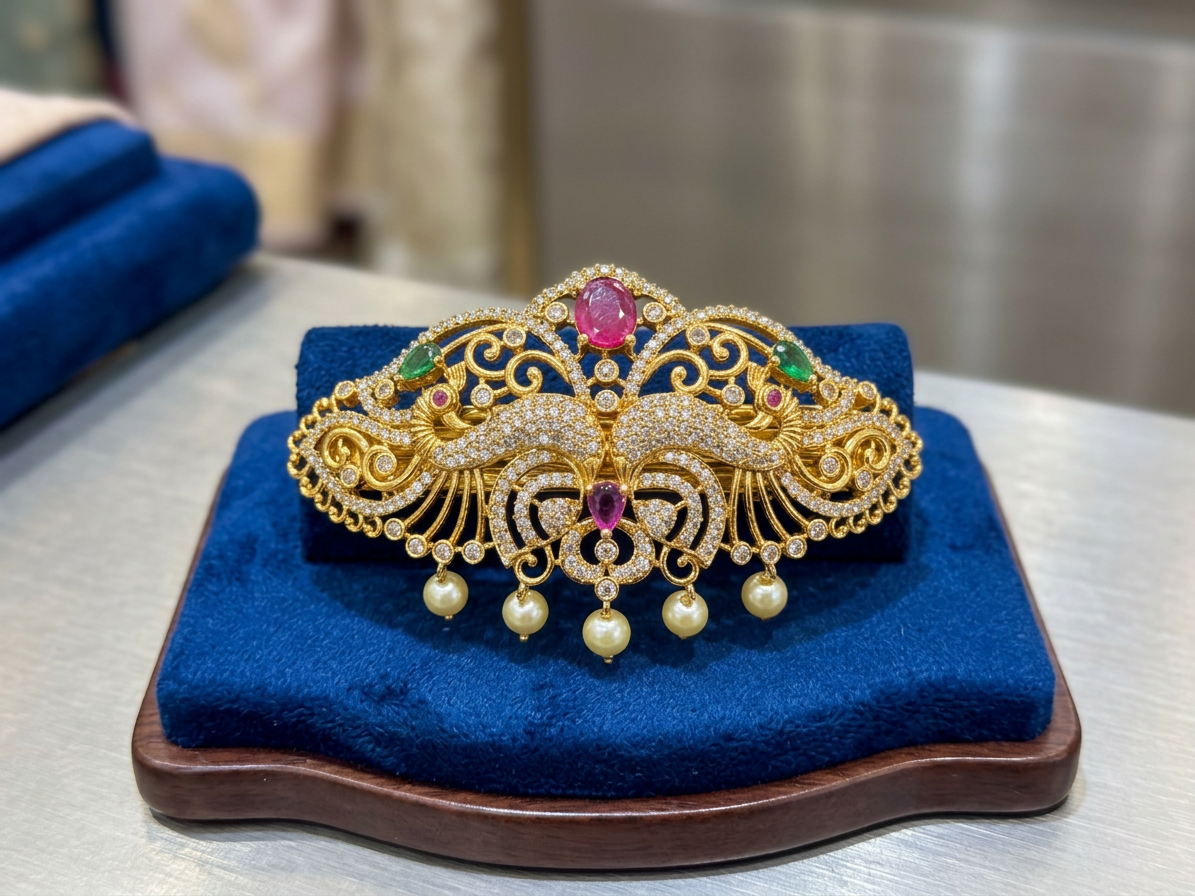 Ornate Peacock CZ & Gemstone Bridal Hair Clip (Jada Billa)