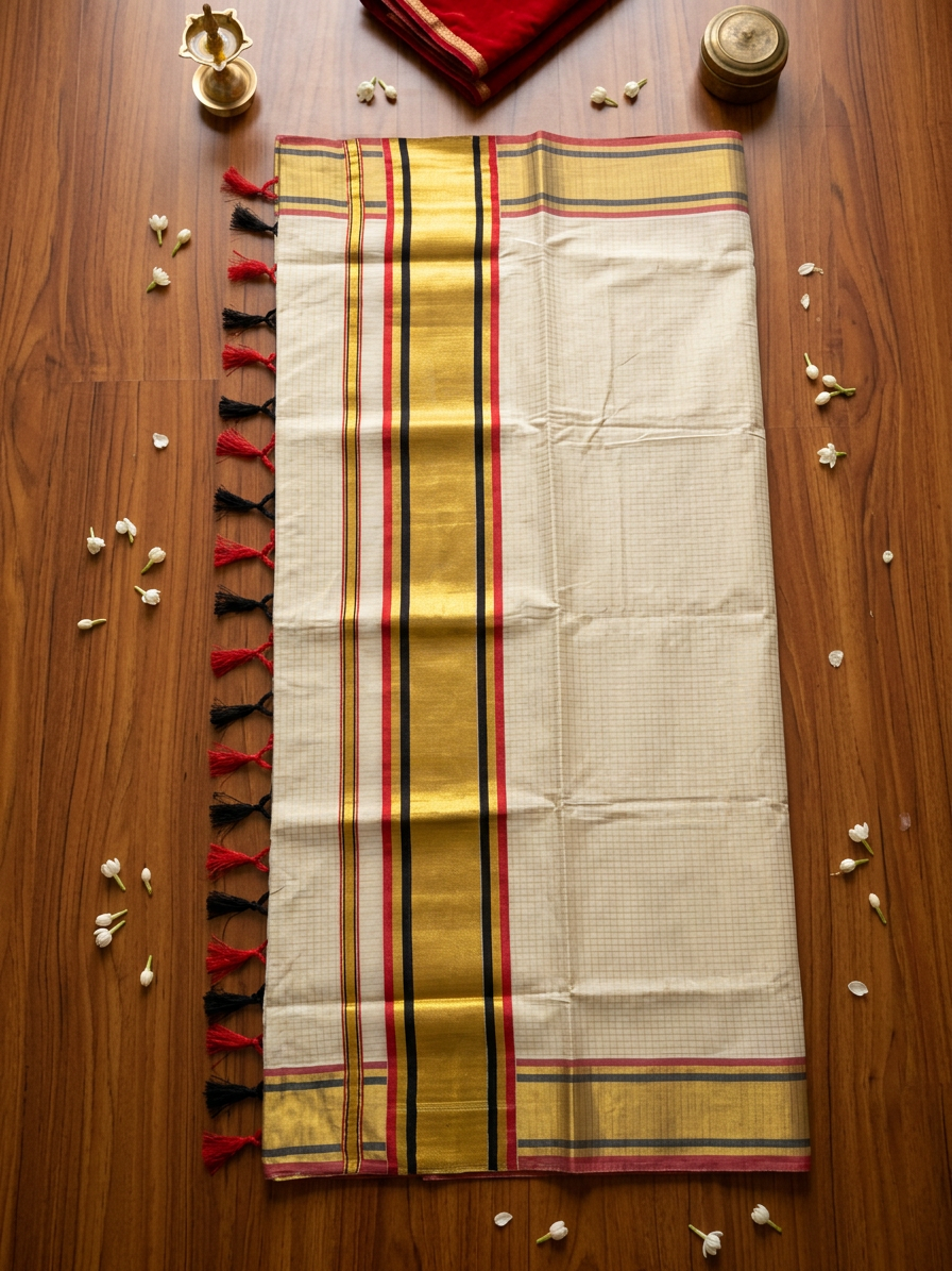 Off-White Cotton Saree with Subtle Micro-Checks, Broad Gold Zari Border, Striking Black and Red Striped Accents, and Hand-Knotted Tassels