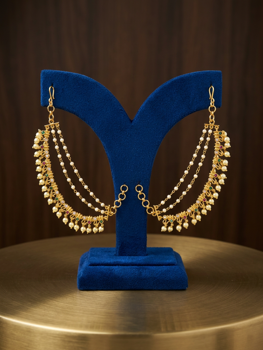Antique Gold & Pearl Multi-Layered Ear Chains (Maatal)