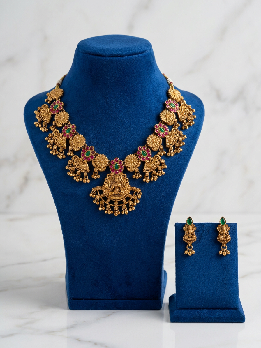 Divine Lakshmi Temple Gold Short Necklace & Drop Earrings Set