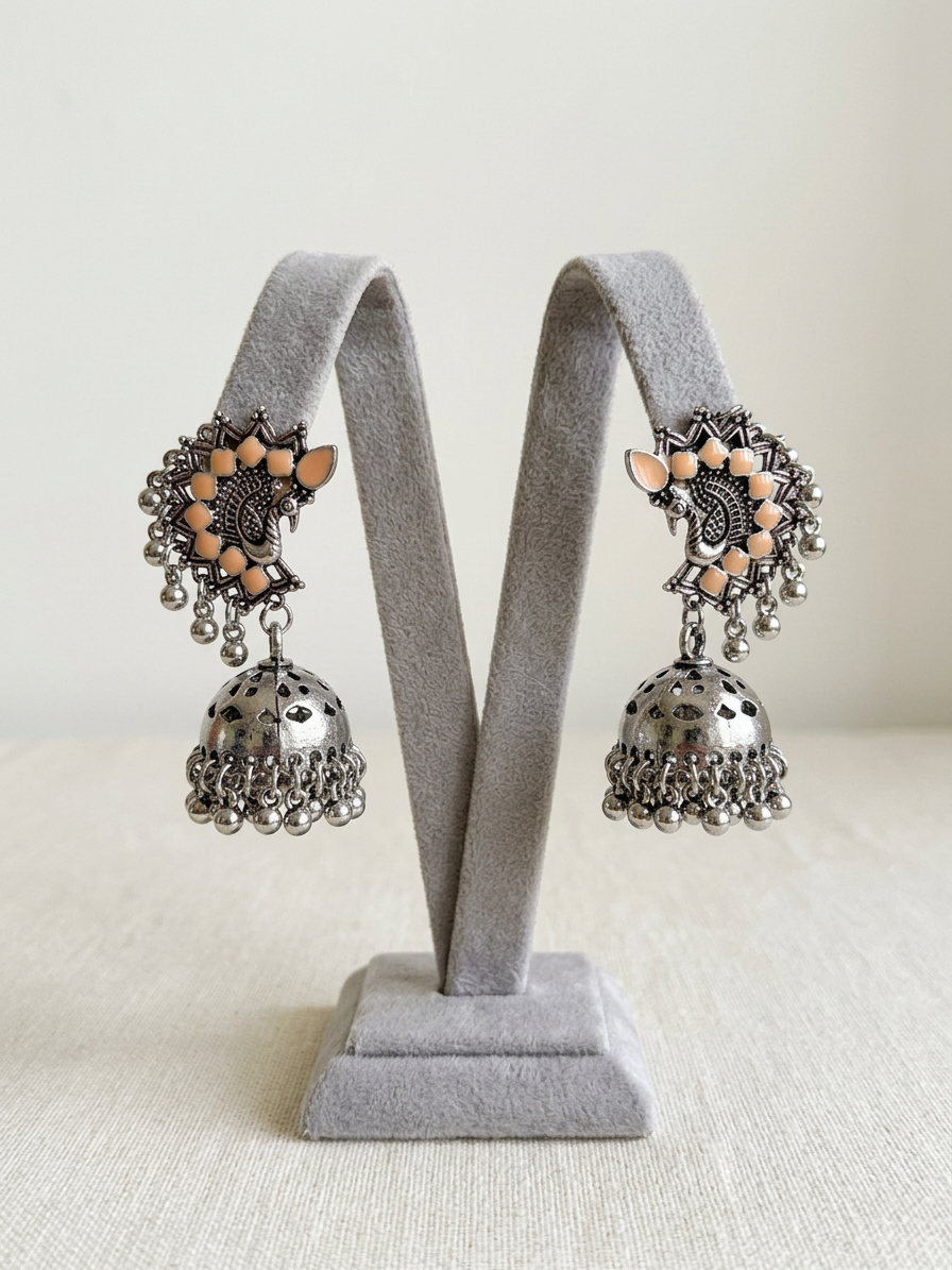 Peach Enamel Peacock Oxidised Jhumka Earrings