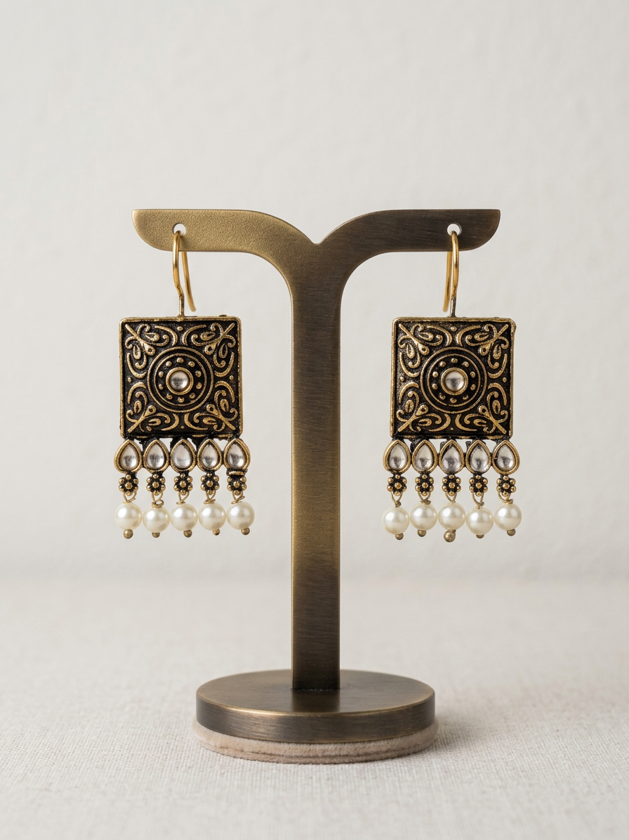 Square Carved Antique Stone & Pearl Wire Earrings
