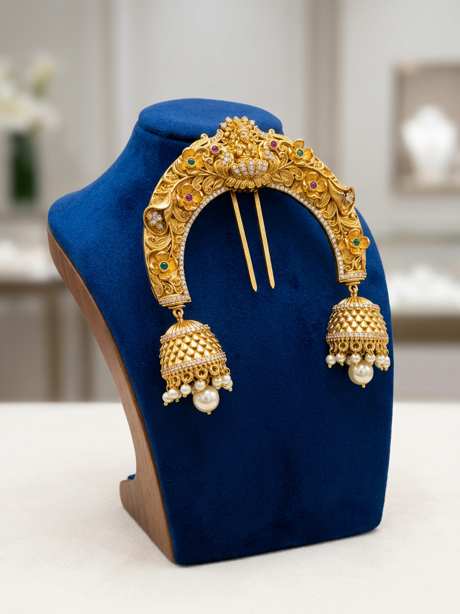 Antique Gold Temple Motif Arch Hair Pin with Jhumkas