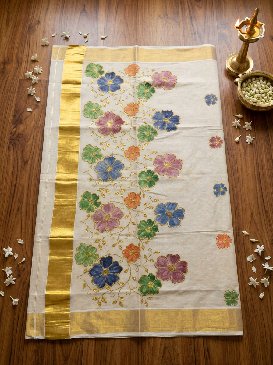 Floral Kasavu Elegance - Tissue Saree