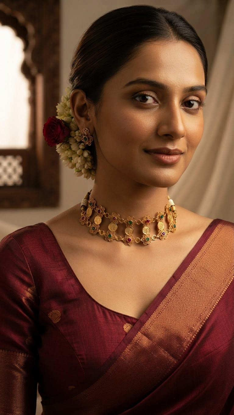 Traditional Antique Gold Floral Kasu Double-Layer Necklace Set
