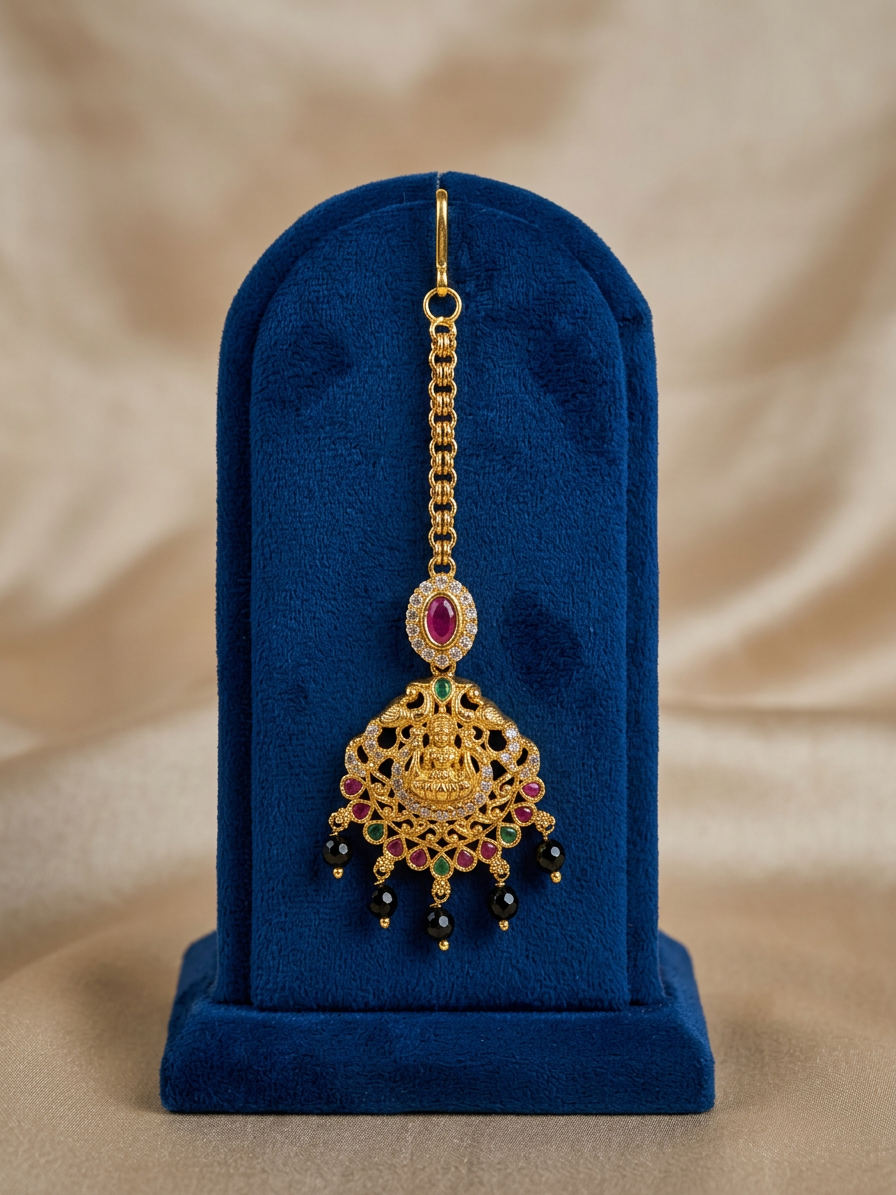 Antique Gold Lakshmi & Ruby CZ Maang Tikka