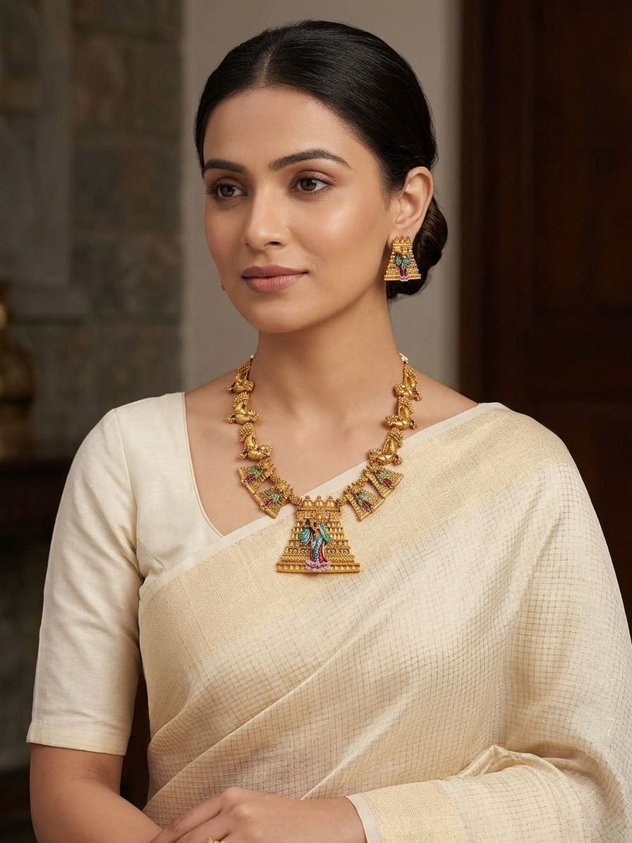 Antique Gold Enamelled Krishna Temple Necklace Set