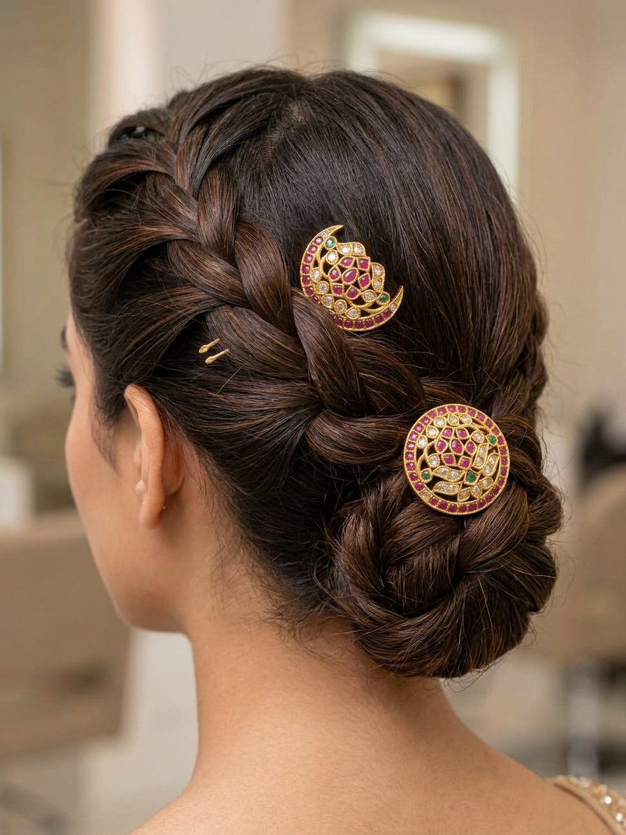 Gold Ruby & CZ Traditional Surya Chandra Pirai Hair Accessories