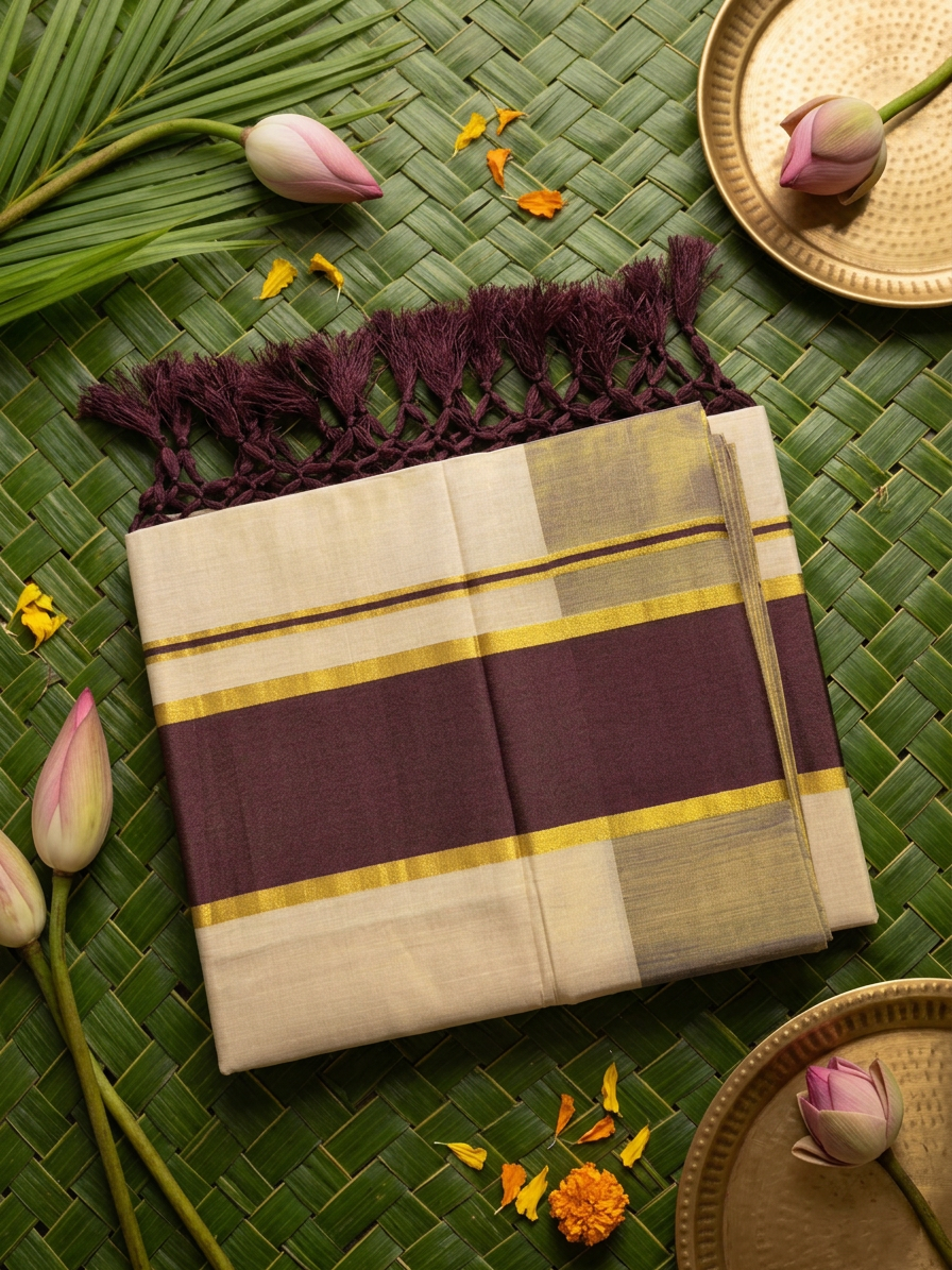 Deep Plum Banded Golden Tissue Saree with Macrame Tassels