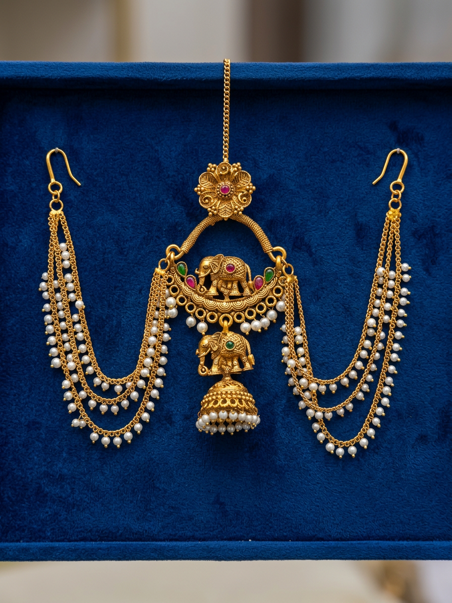 Antique Gold Elephant Motif Matha Patti with Jhumka