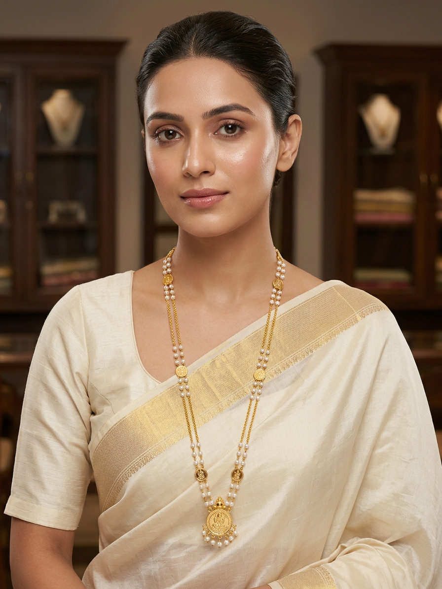 Traditional Gold Lakshmi Coin & Pearl Long Necklace
