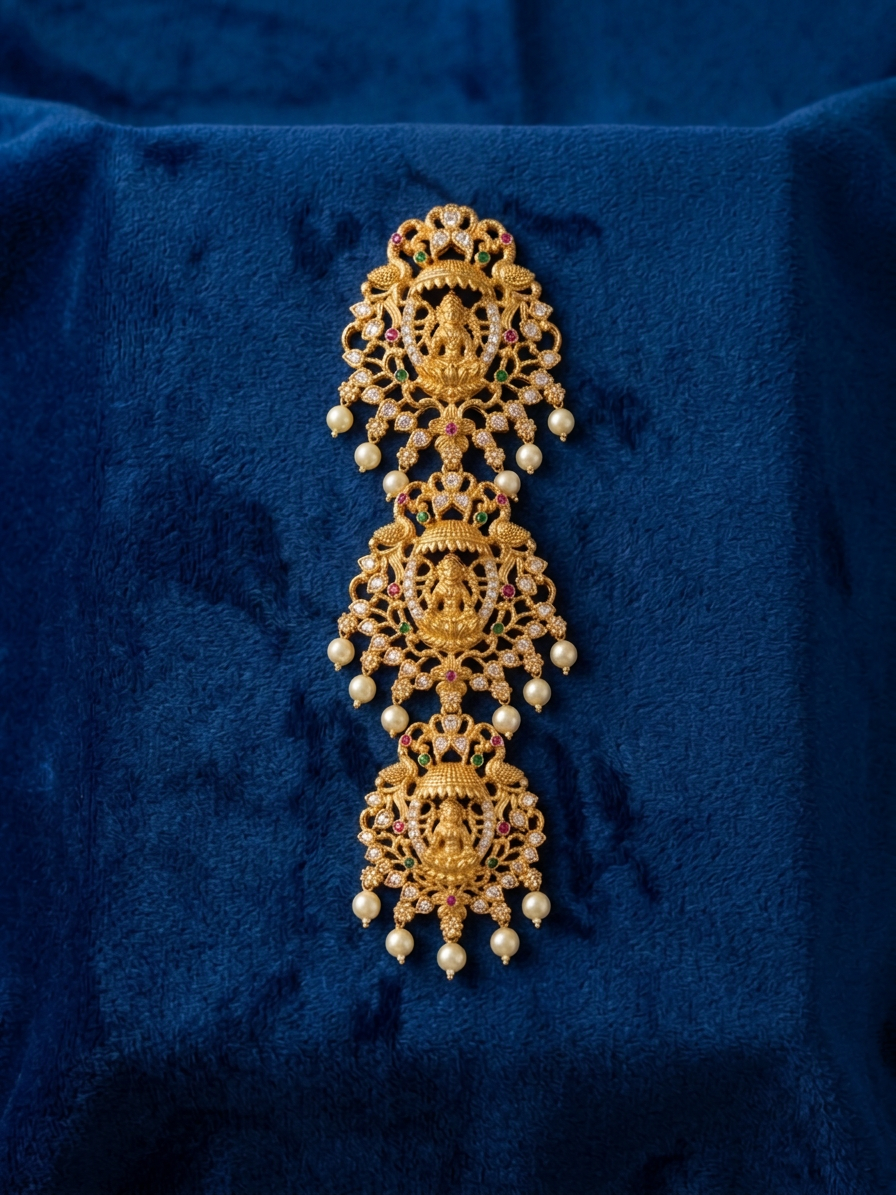 Antique Gold Goddess Lakshmi & Peacock Multi-Tiered Jada Billa