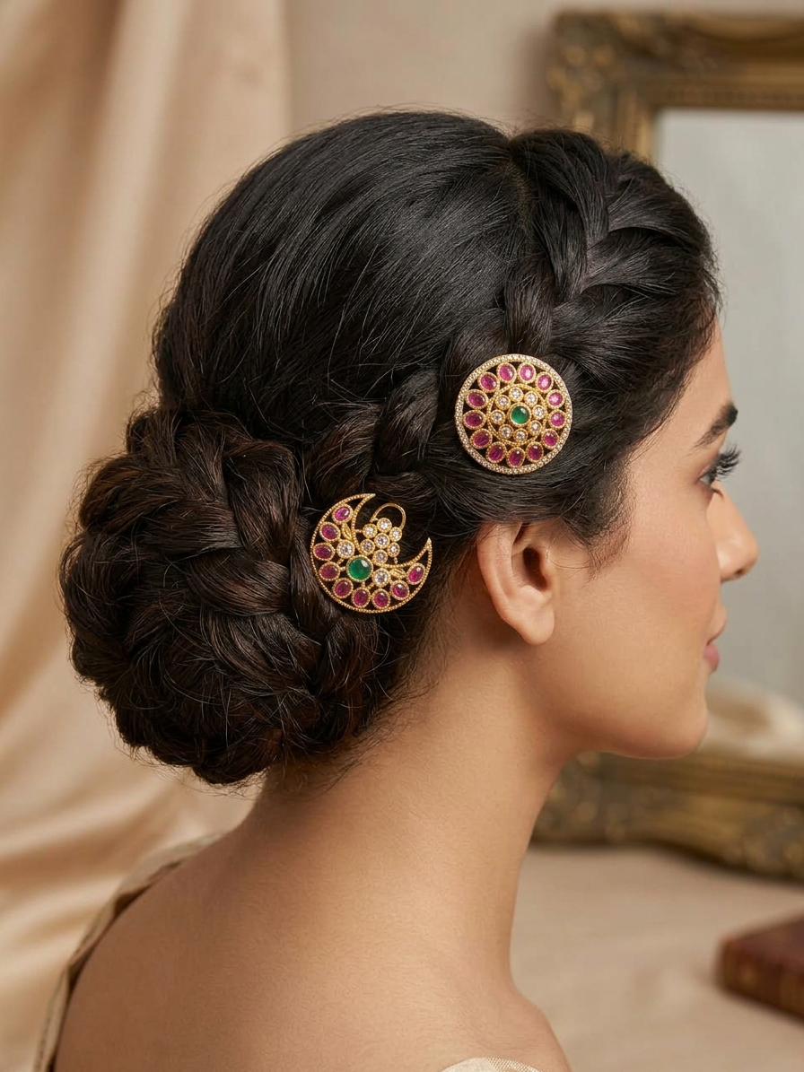 Gold Ruby & CZ Halo Surya Chandra Pirai Hair Accessories