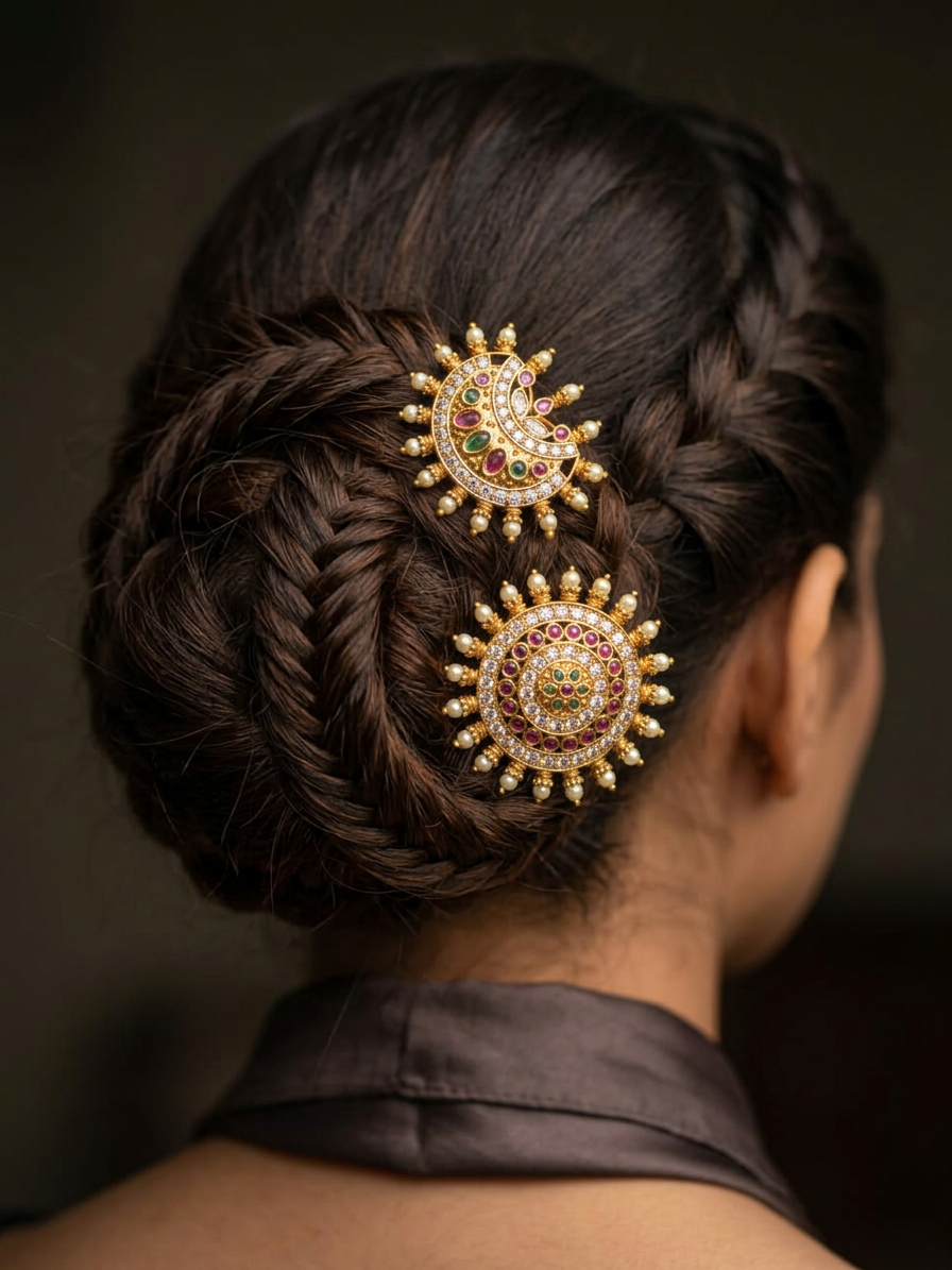 Jadayu Kundan Gold Ruby & Emerald Surya Chandra Pirai Hair Accessories