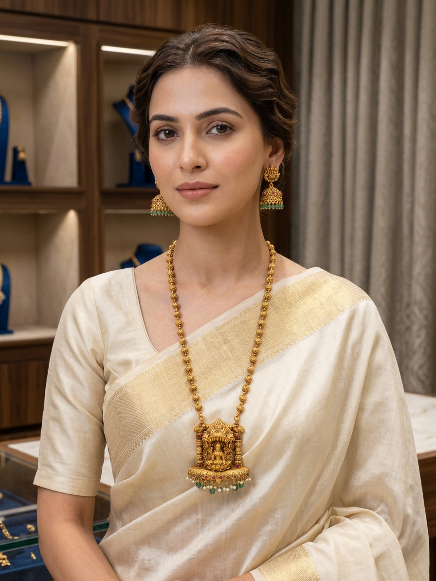 Divine Lakshmi Temple Antique Gold Haram & Jhumka Set