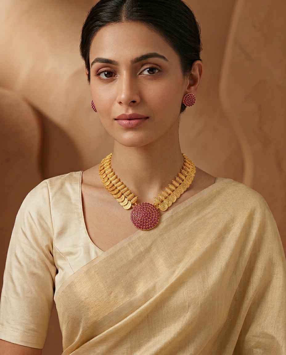 Traditional Gold Coin & Ruby Medallion Necklace Set