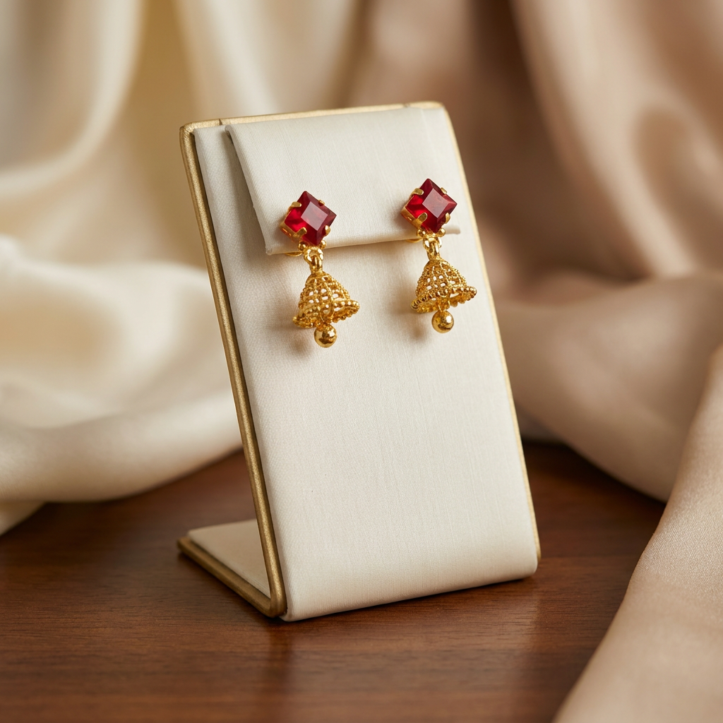 Ruby Elegance Gold Filigree Jhumka Earrings for Kids