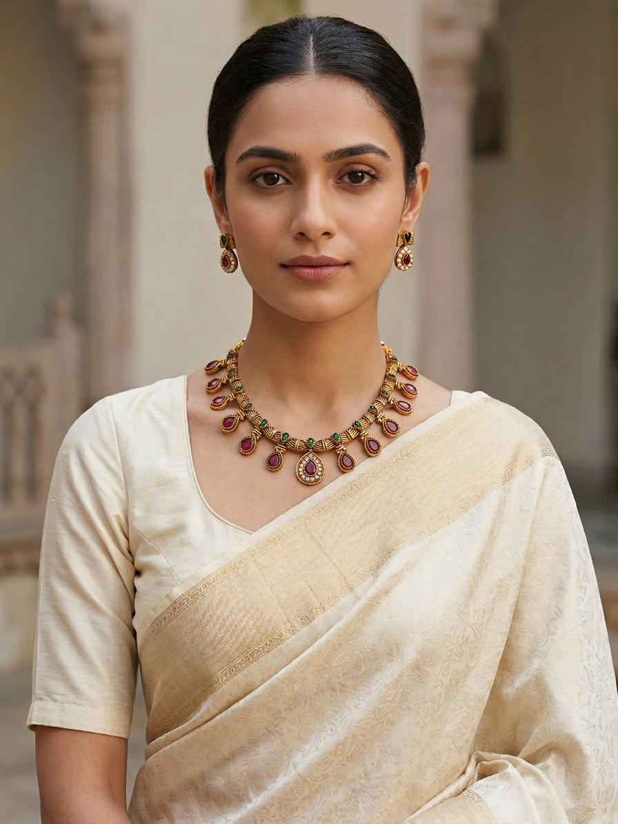 Traditional Antique Gold Ruby Teardrop & CZ Necklace Set