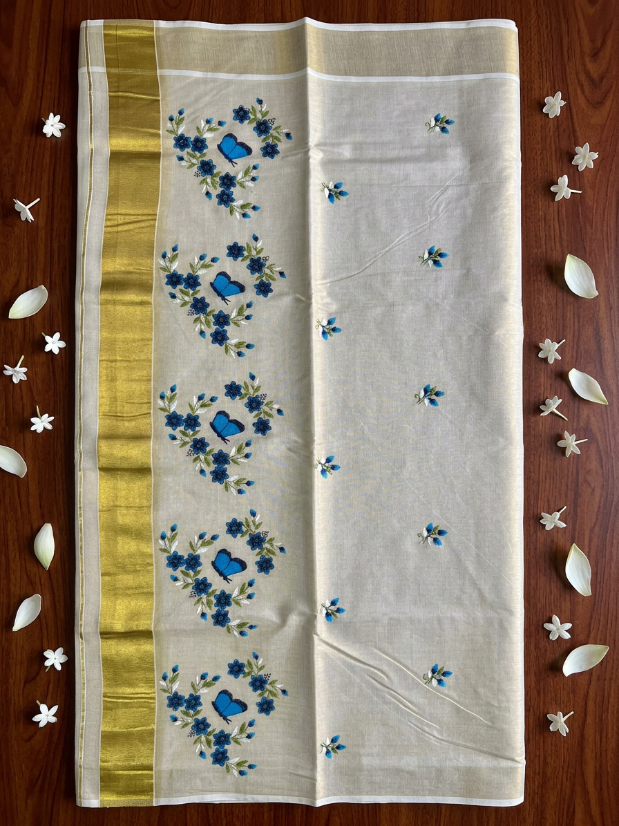 Butterfly & Floral Embroidery Motif Kasavu Tissue Saree