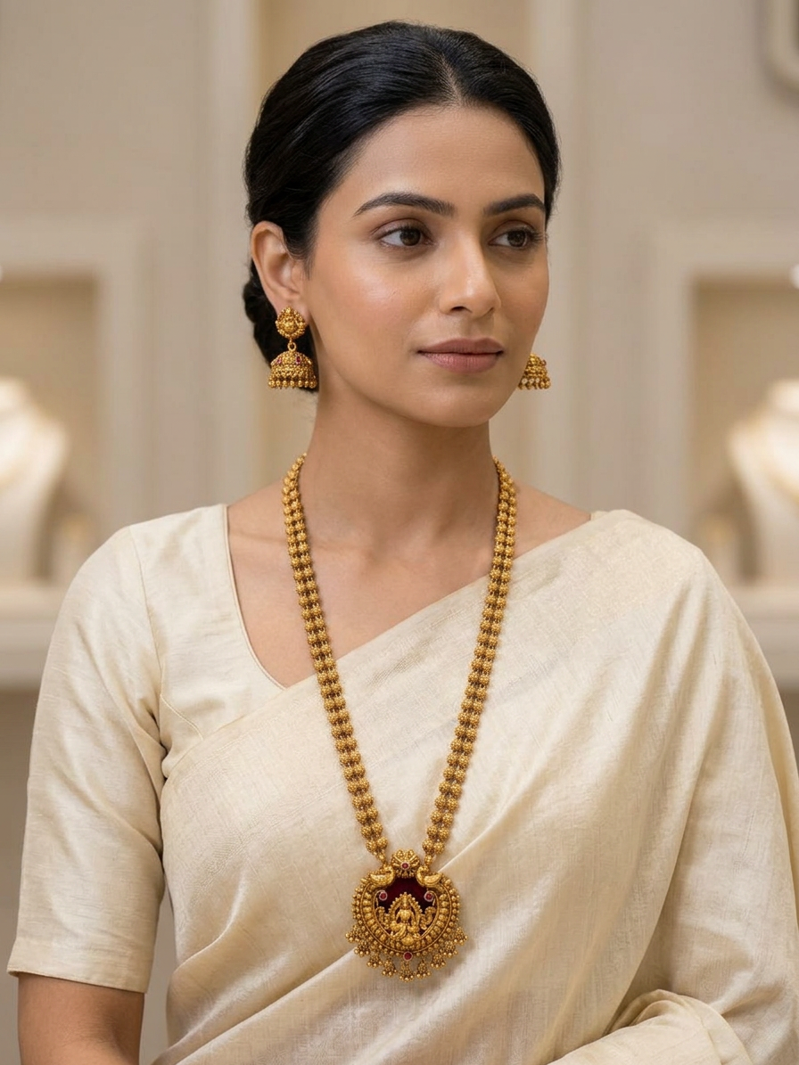 Dual-Strand Antique Gold Lakshmi Pendant Haram & Jhumka Set