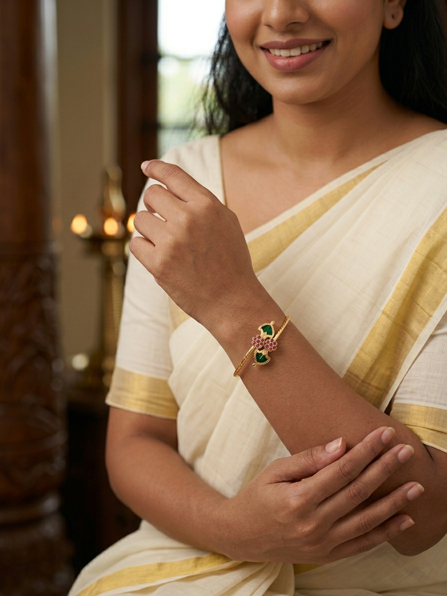 Palakka & Ruby Bypass Bangle: Traditional Kerala Cuff (Single piece)