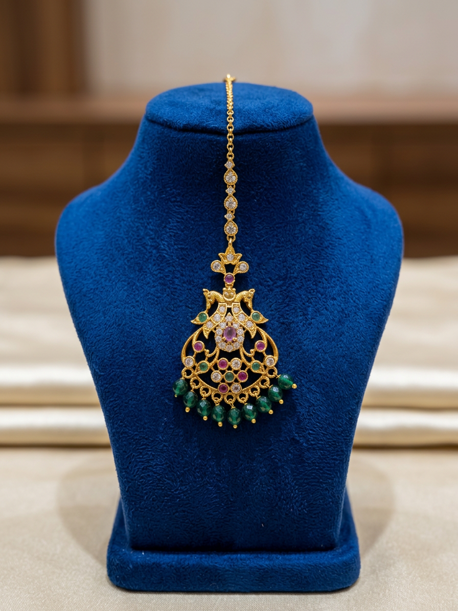 Classic CZ & Gemstone Peacock Maang Tikka